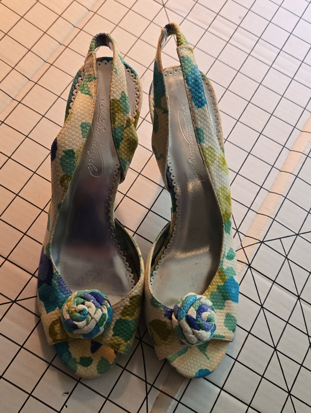 Michaelangelo Floral Slingback Peep-Toe Heels in Blue, Green and Cream